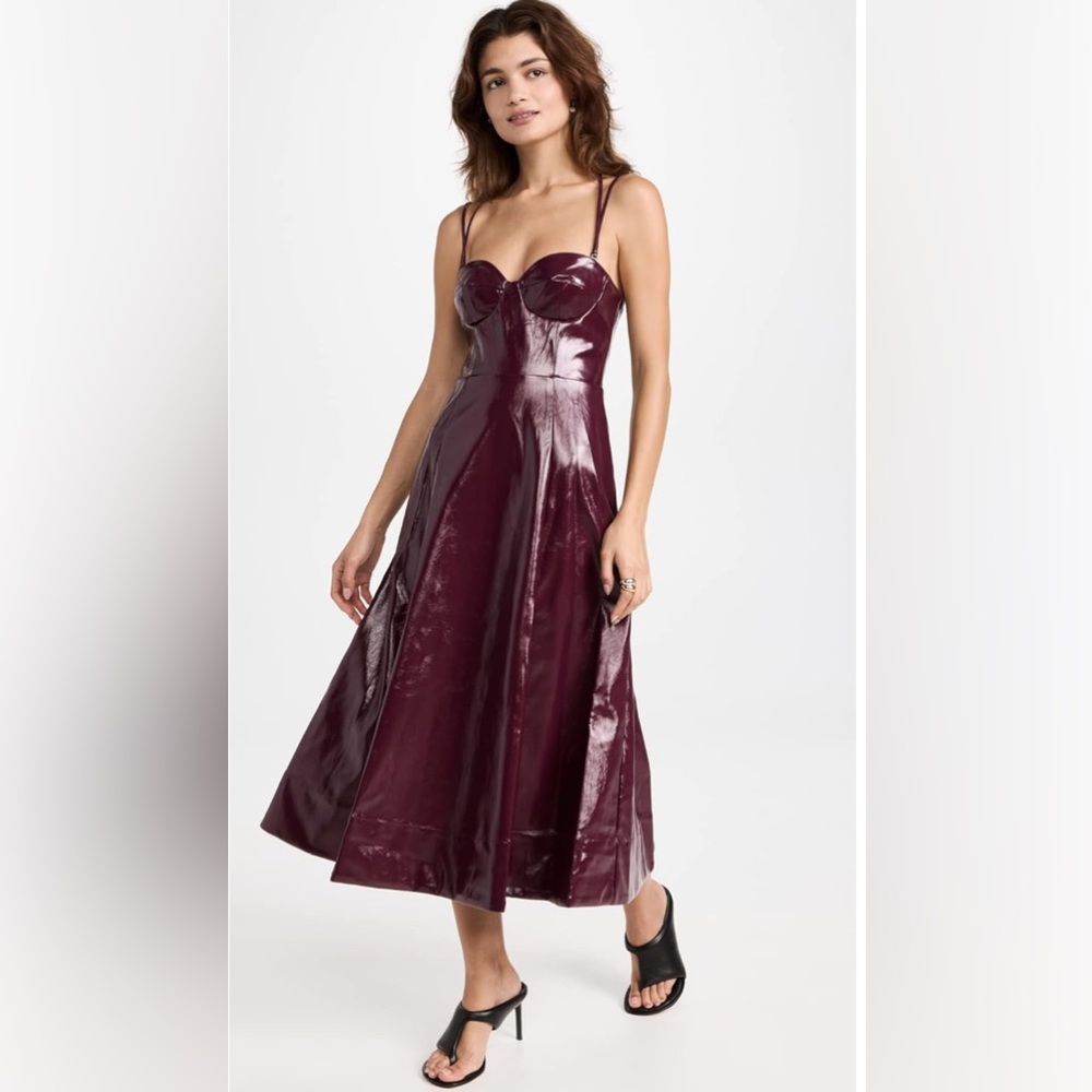 STAUD burgundy faux leather structured fit flare Dress